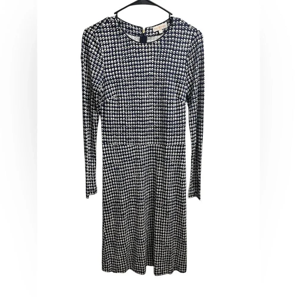 Tory Burch 100% Silk Navy Blue and White Geometric Pattern Shift Dress SZ S
